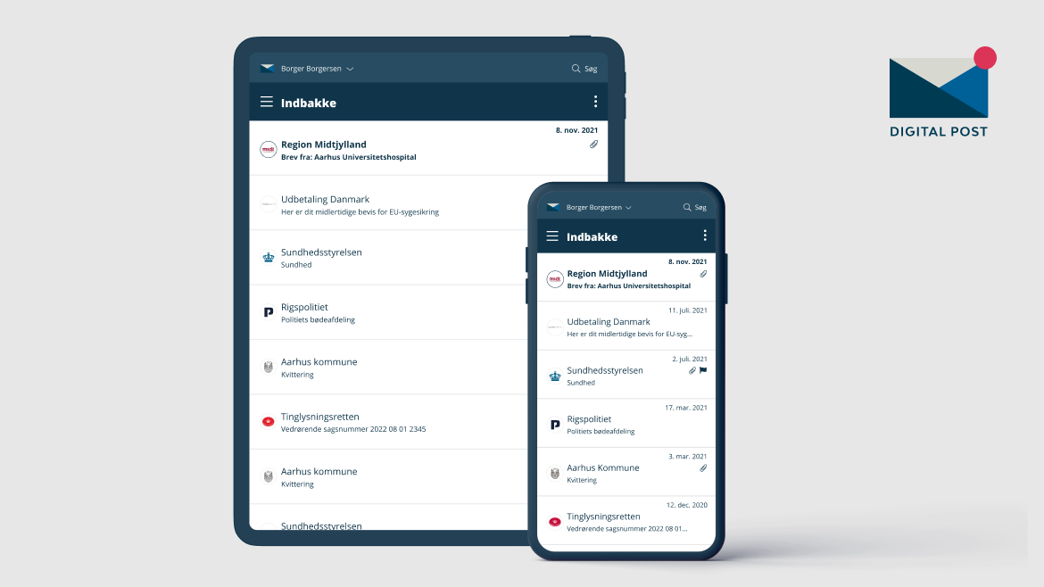 The image shows the app Digital Post and how it looks on a tablet and a smartphone.