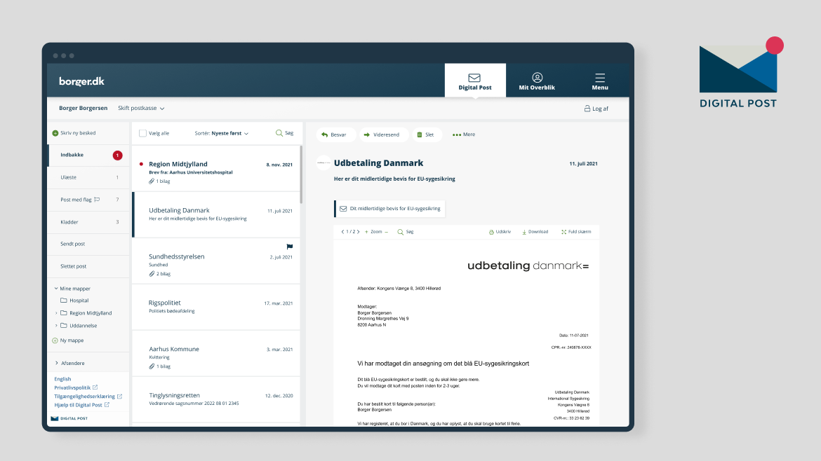 The image shows the entry for Digital Post on borger.dk. All citizens in Denmark receive their post from public Danish authorities digitally. Both the mailbox and the messages are called Digital Post and ensure a secure digital communication between you and the public authorities