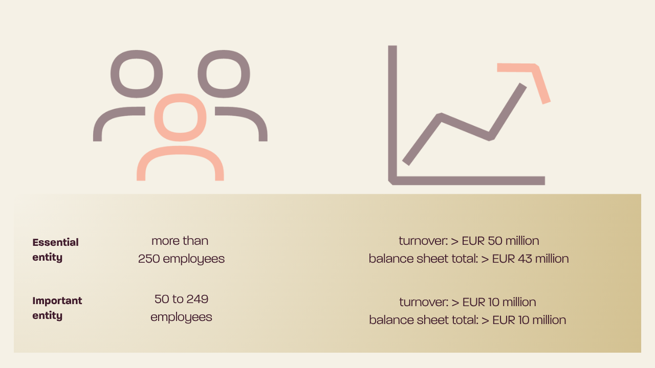 Vigtige enheder har enten:   Mellem 50-249 ansatte, En årlig omsætning på mere end 10 mio. euro, En årlig balance på mere end 10 mio. euro.  Væsentlige enheder her enten:  250 ansatte eller derover, En årlig omsætning på mere end 50 mio. euro, En årlig balance på mere end 43 mio. euro.