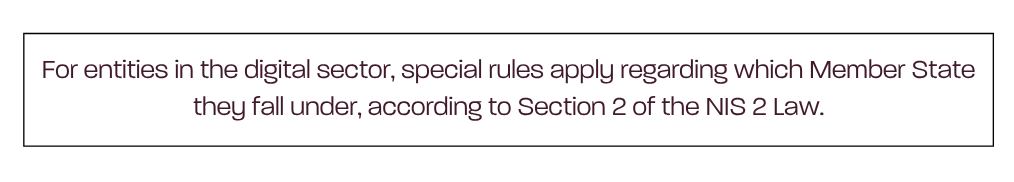 For enheder i den digitale sektor gælder særlige regler for, hvilken medlemsstat de hører under jf. NIS 2-lovens § 2.